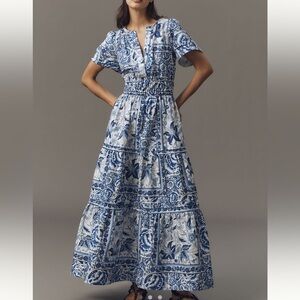 Anthropologie SOMERSET Short-Sleeve Maxi Dress NEW Light Blue Floral Large